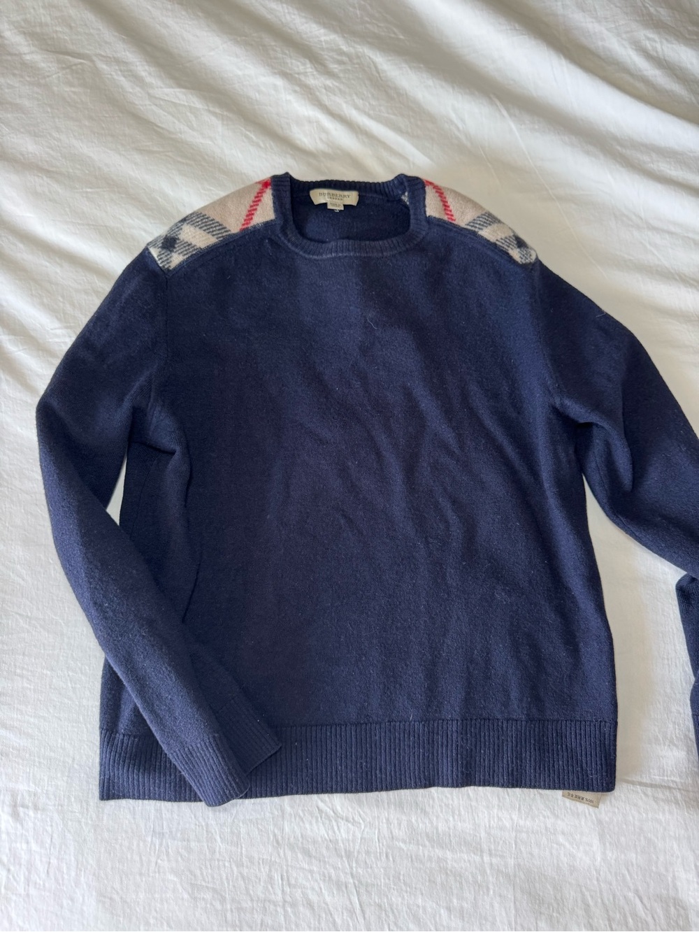 Burberry Navy Crewneck Sweater with Signature Plaid